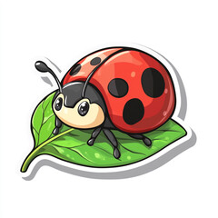 Fototapeta premium A cute, cartoon-style ladybug with a red shell and black spots sitting on a green leaf. The ladybug has a smiling face with rosy cheeks and antennae