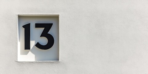 Black number thirteen in a recessed square on a white wall with ample copy space on the right side for text or graphics.