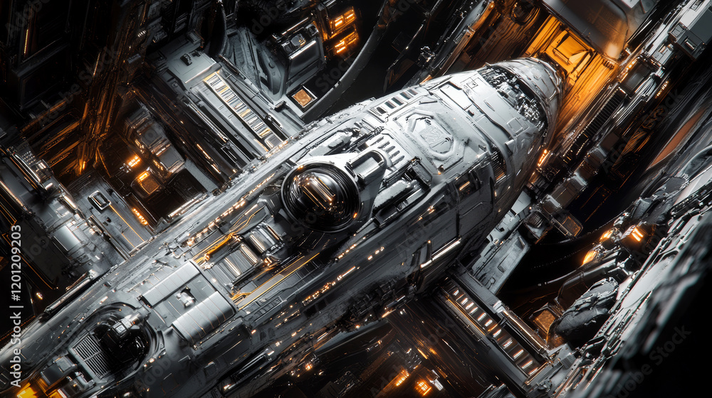 Poster an intricately designed and technologically advanced spaceship, closeup