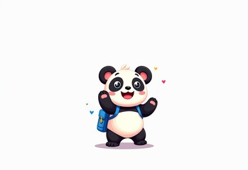 Obraz premium Colorful Panda Illustration: Cute Character with Blue Backpack Waving, Smiling Face, Simple Clean White Background, High-Resolution 2D Game Art Style, Vector Design, Left White Space, No Shadow Detail