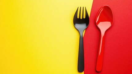 Modern spoon and fork placed on a vivid and colorful background representing contemporary dining