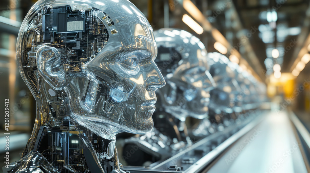 Poster futuristic sci-fi image depicting a row of humanoid robots in a factory