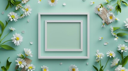 A blank white picture frame with wooden inlays in the middle surrounded by roses and tulips