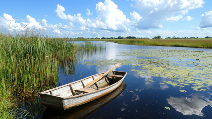 Obraz premium Tranquil Fishing Scene at a Serene Pond in the Countryside Under a Blue Sky