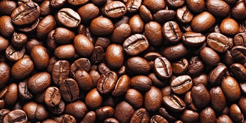 Obraz premium Close-up of dark roasted coffee beans in varying shades of brown, densely packed across the frame with a rich, textured appearance.