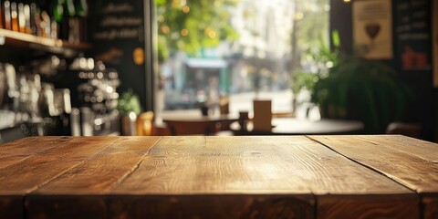 Vacant brown wooden table in foreground with blurred coffee shop background featuring warm tones and soft bokeh effect in natural light.