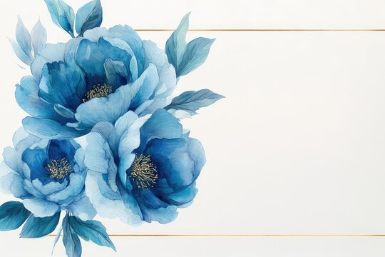 A minimalist floral frame showcasing a single golden line border with watercolor blue peonies as accents.