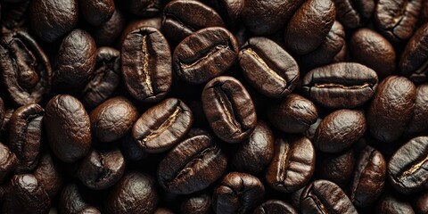 Fototapeta premium Close-up view of dark roasted coffee beans scattered on a dark surface showcasing rich brown tones and varied textures in the foreground.