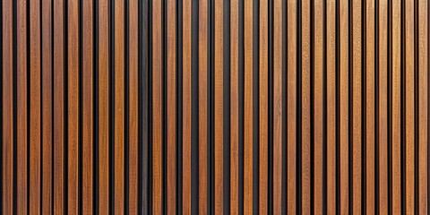 Seamless vertical wooden slats paneling background in rich brown tones creating a modern textured surface with horizontal lines and depth.