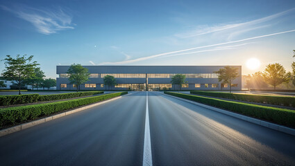 Obraz premium Modern office building with empty road at sunrise, tranquil business district