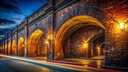 Obraz premium Long Exposure Photography: Old Brick Arch Loft Building Facade at Night