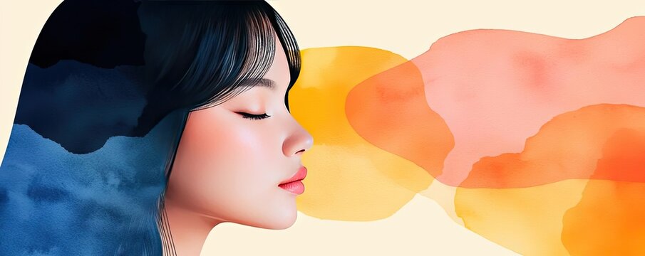 Glazed watercolor idea. A serene portrait of a young woman, showcasing tranquility and deep contemplation.