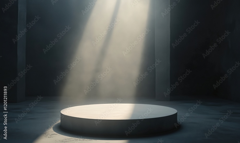 Poster mysterious illuminated circular platform in dark room with beams of light