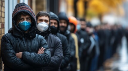 Masked individuals stand in a socially distanced line