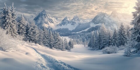 Serene winter landscape featuring snow-covered mountains and frosty trees with a winding path in the foreground under a soft, cloudy sky
