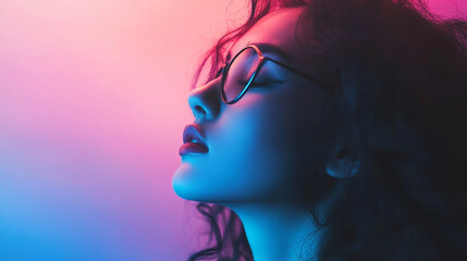 Fototapeta premium Woman with curly hair and glasses poses against a vibrant pink and blue background