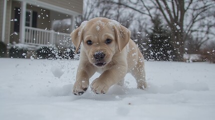 Adorable Labrador Puppy Playing in Snowy Winter Wonderland