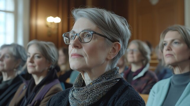 Attentive Woman in Glasses at a Meeting or Lecture