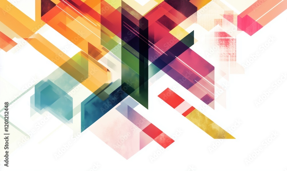 Poster abstract geometric composition with vibrant colors and dynamic shapes, featuring intersecting lines 