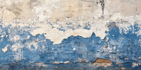 Weathered wall texture featuring aged plaster with peeling blue and white paint, showcasing cracks and irregular patterns in earthy tones.