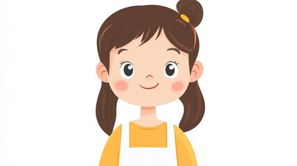 Obraz premium A cute cartoon avatar of a girl with brown hair, wearing a white apron and yellow shirt, smiling happily