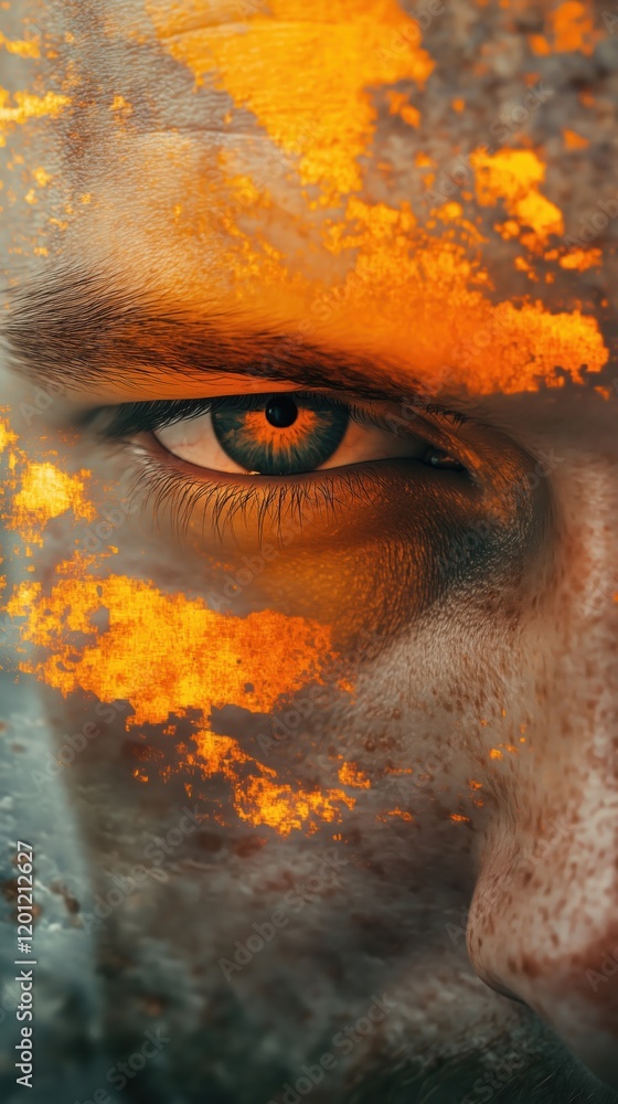 Poster intense gaze of a man with fiery orange and textured overlay, showcasing emotion and depth in the ey