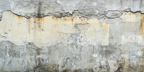 Obraz premium Textured concrete wall displaying weathered patches and chipped plaster in shades of gray and warm yellow tones with a rough, aged surface.