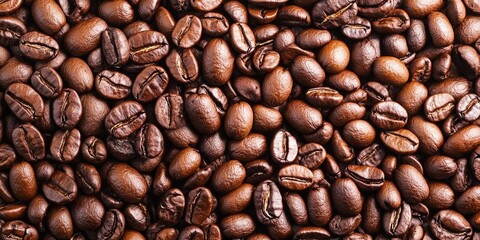 Fototapeta premium Rich brown coffee beans densely packed with varying shades creating a textured surface, ideal for coffee-related themes and products.