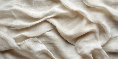 Fototapeta premium Crumpled linen fabric in soft off-white and beige hues with organic texture and gentle waves creating ample space for copy or design elements.