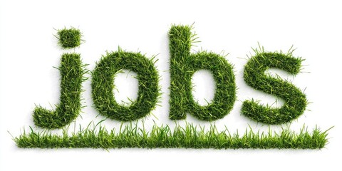 Green grass letters spelling jobs on white background with darker green grass blades below creating a fresh and eco-friendly feel for green jobs