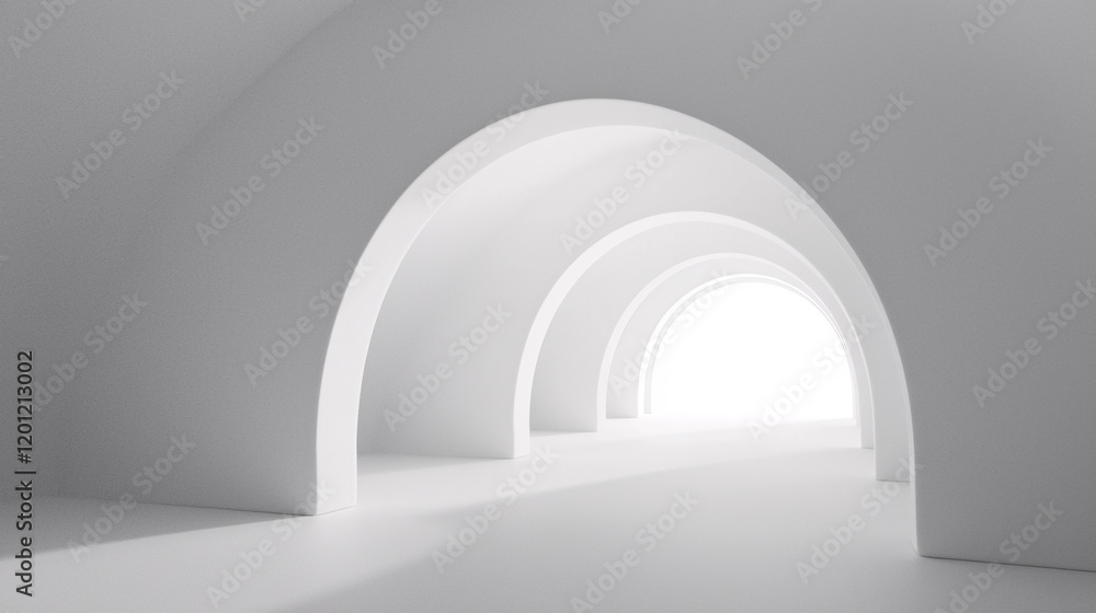 Poster a bright, minimalist corridor with curved arches, creating a serene and open atmosphere, leading to 