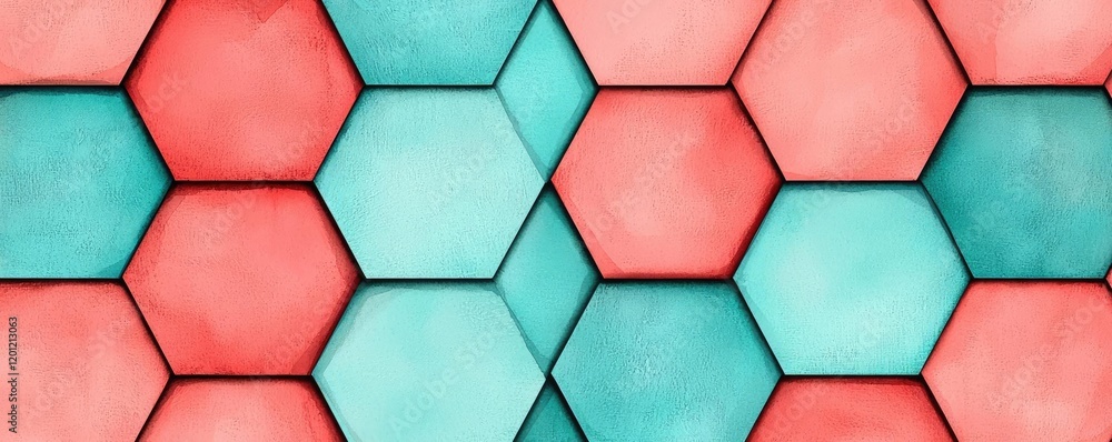 Poster hexagonal watercolor concept. colorful hexagonal pattern with vibrant red and blue hues creating a m