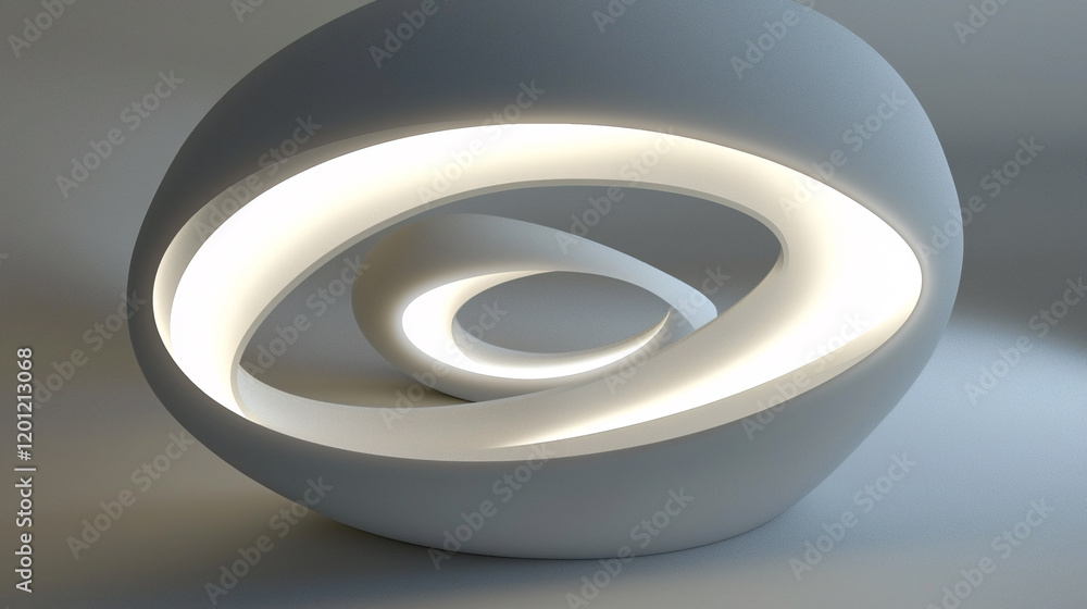 Poster a modern, abstract lamp with a smooth, oval design, featuring spiraling light patterns that create a