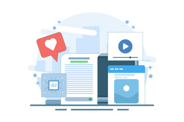 AI content generator concept, Artificial intelligence generating text, video and image content, AI content for business, flat vector design illustration template on background.
