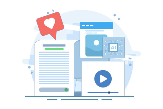 AI content generator concept, Artificial intelligence generating text, video and image content, AI content for business, flat vector design illustration template on background.