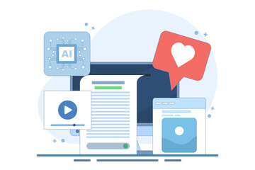 AI content generator concept, Artificial intelligence generating text, video and image content, AI content for business, flat vector design illustration template on background.