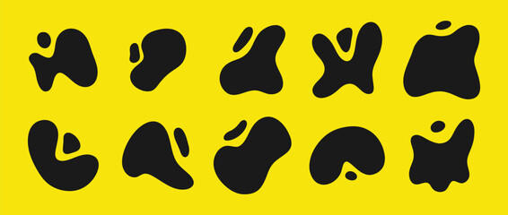 Abstract freeform collection. Set of black amoeba. Modern figure for design and print. Vector illustrations isolated on yellow background.