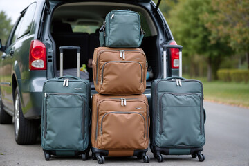 Contemporary Teal and Camel Rolling Suitcases in SUV Storage