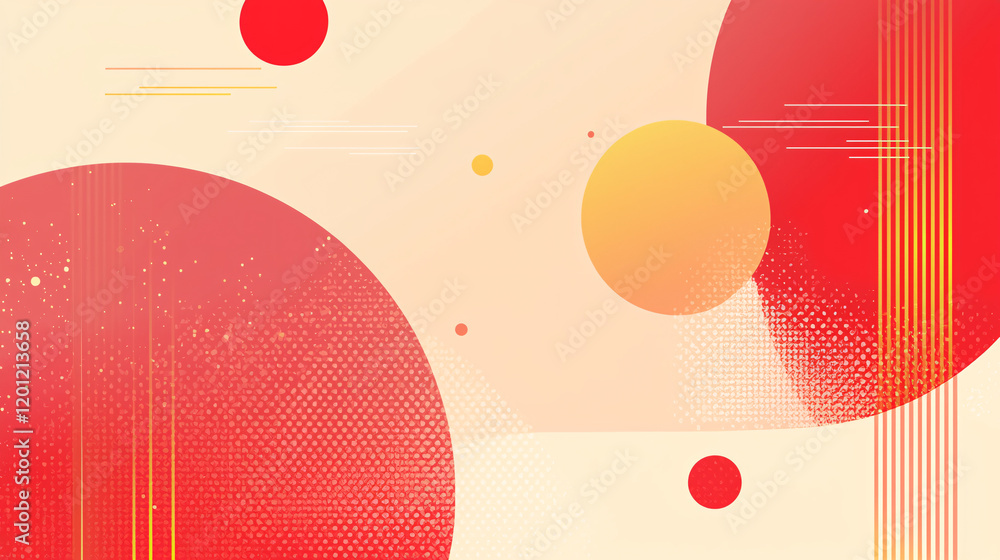 Poster a vibrant abstract composition featuring red and yellow circles against a soft beige background, wit