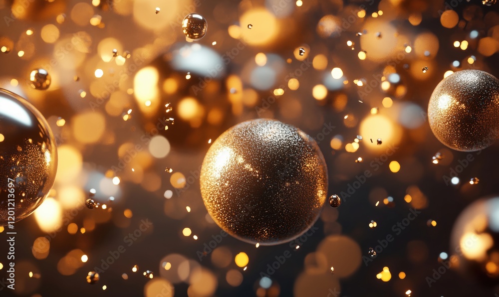 Poster floating golden spheres with shimmering reflections and sparkling bokeh background, creating a mesme
