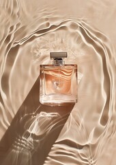 Elegant top view of elegant square perfume bottle. Centered on a beige background with light ripples around. Product shot for advertisement