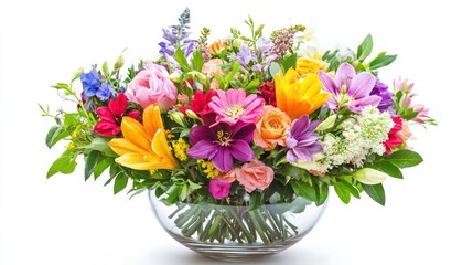 Obraz premium Vibrant multicolored flower arrangement in a clear glass bowl on white background.