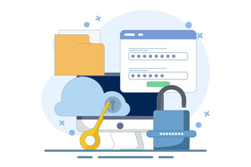 Cloud security system concept, Data stored on secure cloud server, Cloud storage password authentication, Password key security, Flat design illustration on background.