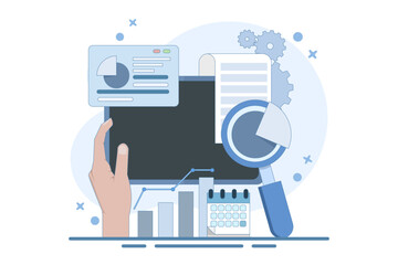 Financial Diagram Analysis Concept with Magnifying Glass Financial Business Chart. Audit, business analysis concept. Opportunities. Audit chart and documentation. Flat vector illustration.