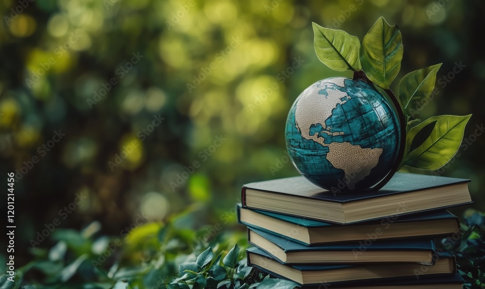 Aufkleber globe on stack of books surrounded by greenery symbolizing knowledge and environmental awareness