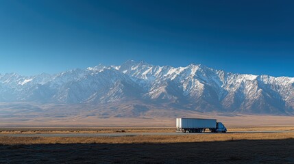 Trucker Takes a Break: Long Haul Trucking Scene in Scenic Rest Area with Majestic Mountains and Clear Blue Sky