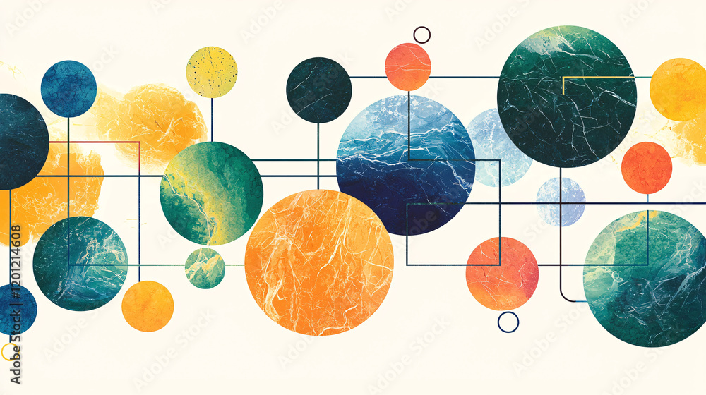 Poster a colorful abstract representation of planets and connections, blending vibrant circles with a cosmi
