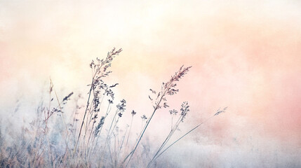 Fototapeta premium Soft hues of grass against a dreamy pastel sky at dawn