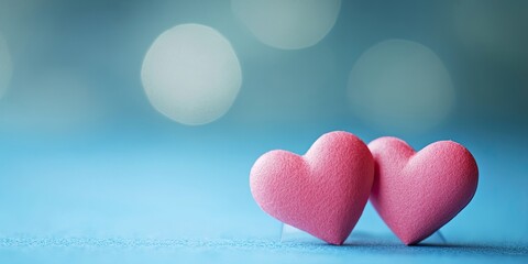 Obraz premium Two pink hearts positioned on the left against a soft blue background with bokeh effect creating a blank space ideal for greeting card design