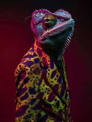 Chameleon in a Vibrant Polka-Dot Designer Suit with Neon Lighting